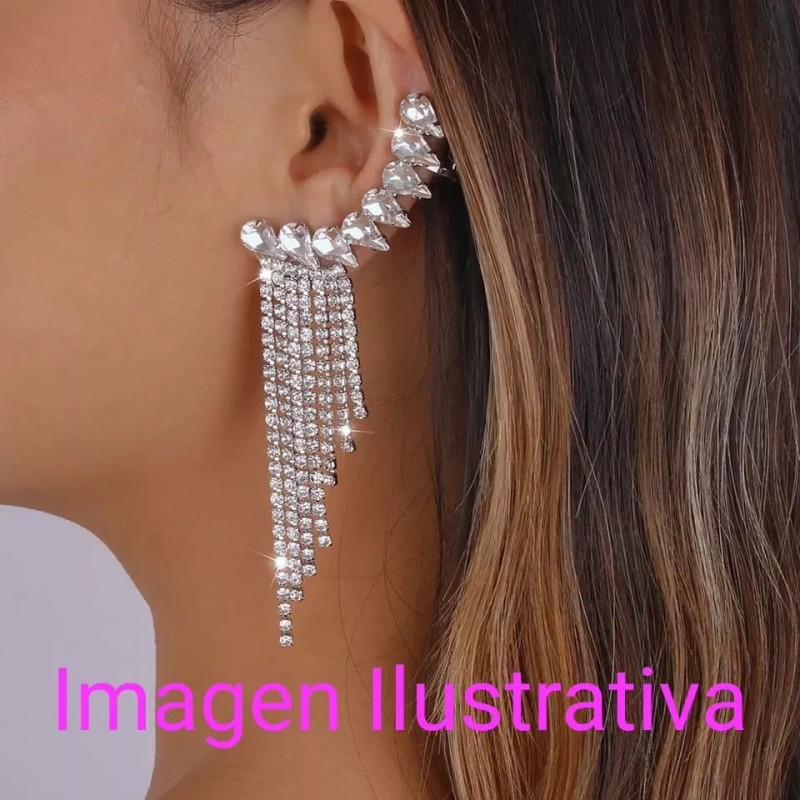 KH Arete Largo Plateado Con Adorno Cristales Clip Trepador