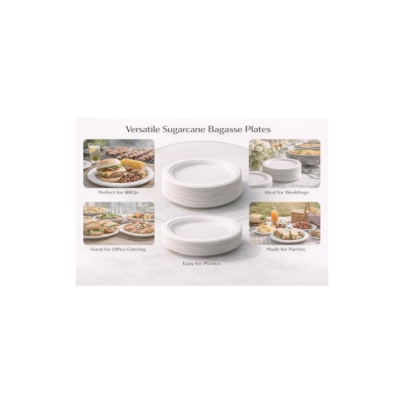 1ABOVE 50 Pack Extra Strong White Disposable Bagasse Plates, 100%