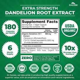 Zazzee USDA Organic Dandelion Root 10:1 Extract, 180 Capsules, 6 Month Supply, Liver & Detox Support, Taraxacum Officinale, Organic Herbal Supplement, All-Natural, Non-GMO, Made in the USA