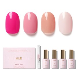 NAILOG Gel Nail Polish Set - 4 Colors Top Coat Color Gel Base 3-In-1 Soak Off UV Gel Polish Kit for Home DIY & Birthday Gifts for Women | Fushcia, Taffy Pink, Shimmery Pink, Beige Pink