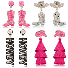 Western Cowgirl Earrings for Women Beaded Howdy Earrings Rhinestone Cowboy Boot Hat Earings Rodeo Nashville Earings Country Concert Outfits Western Jewelry Accessories (4Pairs A)
