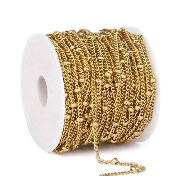 33 Feet Gold Satellite Curb Chain Roll, 2mm 18K Gold