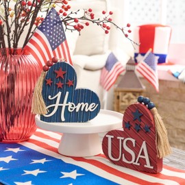 Valery Madelyn 4th of July Table Decorations, 2 Pcs Wooden Patriotic Decor Heart Centerpieces, Red White and Blue Memorial Day Decorations, Americana Home USA Sign for Independence Day, 6 inch