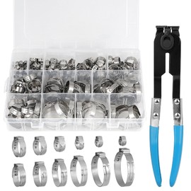 DBREAKS 150 Pieces Stainless Steel Single Ear Continuous Hose Clamps Set 304, 12 Sizes Hose Clamp 5.8-33.1 mm, Clamp Set with Hose Clamp Pliers, for Automotive, Industry, Pipe Refurbishment