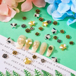 KISSITTY 60Pcs Camellia Flower Bee Alloy Nail Charms Enamel Flower Bee Nail Art Charms Vintage Floral Nail Art Decoration for Manicure
