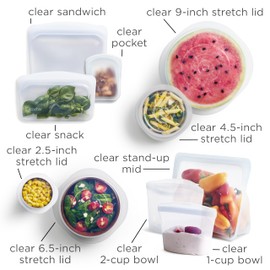 Stasher Premium Silicone Reusable Food Storage Bags and Stretch Lids 10-Pack, Clear | Airtight Seal | Food Containers & Covers, Boxed Starter Kit | BPA Free, Leak-free, Dishwasher Safe, Eco-Friendly