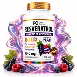 Resveratrol + NAD, Gold 200 Cápsulas | Transresveratrol + Polifenoles, Betacaroteno, Licopeno. Vitamina C y NAD+ | Complejo de Antioxidantes | 100% Ve