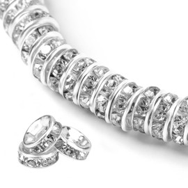 200Pcs 8mm Rondelle Spacer Beads Silver Plated Rhinestone Crystal Loose Beads for Necklaces Bracelets Jewelry Making