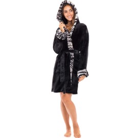 Alexander Del Rossa Women's Faux Fur Feather Hooded Robe, Soft Plush Fleece Knee Length Bathrobe with Hood Black with White Tiger XS (A0481BWTXS)