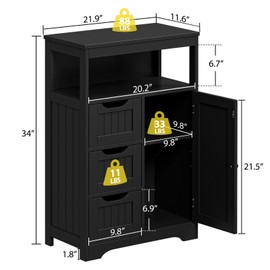Segawe Bathroom Floor Cabinet Wooden Storage Organizer with 1 Door and 3 Drawers Black