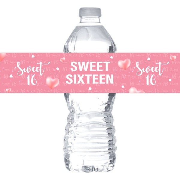 MonMon & Craft Pink Sweet Sixteen Water Bottle Labels Stickers for Girls / 16th Birthday Bottle Wrappers / 16th Wedding Anniversary/Sweet 16 Sign Party Water Labels Supplies (Set of 32)