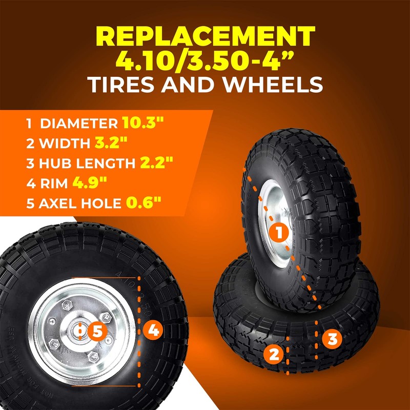 AR-PRO (2-Pack) 10-Inch Solid Rubber Tire Wheels - Replacement 4.10/3.50-4"