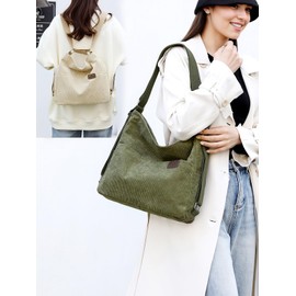 RUNSOON Corduroy Tote Bag Convertible Backpack Purse for Women Versatile Hobo Bags Shoulder Handbags for College Work Travel, Green