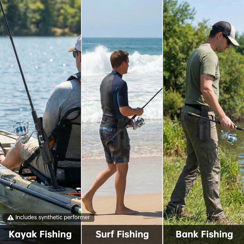 ConSkyee Leather Rod Holster, Hands-Free Belt Carrier for Surf/Casting Rods