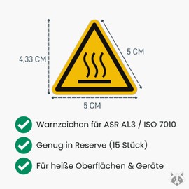 Caution Hot Stickers (Pack of 15, 50 mm) - Danger Symbols Warning of Hot Surface - Warning Heat Warning Sign - Hazard Warning Sticker (Pictograms in accordance with ASR A1.3 / ISO 7010 / W017)