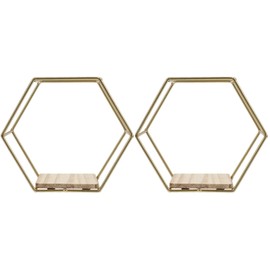 STOBAZA 2 Pack Hexagonal Wall Mounted Gold Shelves Wall Decor Wire Shelves Gold Wall Decor Wall Decor Hexagonal Wall Shelves Wood