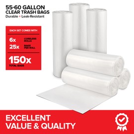 Stock Your Home 55-60 Gallon Clear Trash Bags (150 Pack) – Disposable Leak-Resistant Garbage Can Liners for Office, Bathroom, Deli, Produce, Dog Poop, Cat Litter