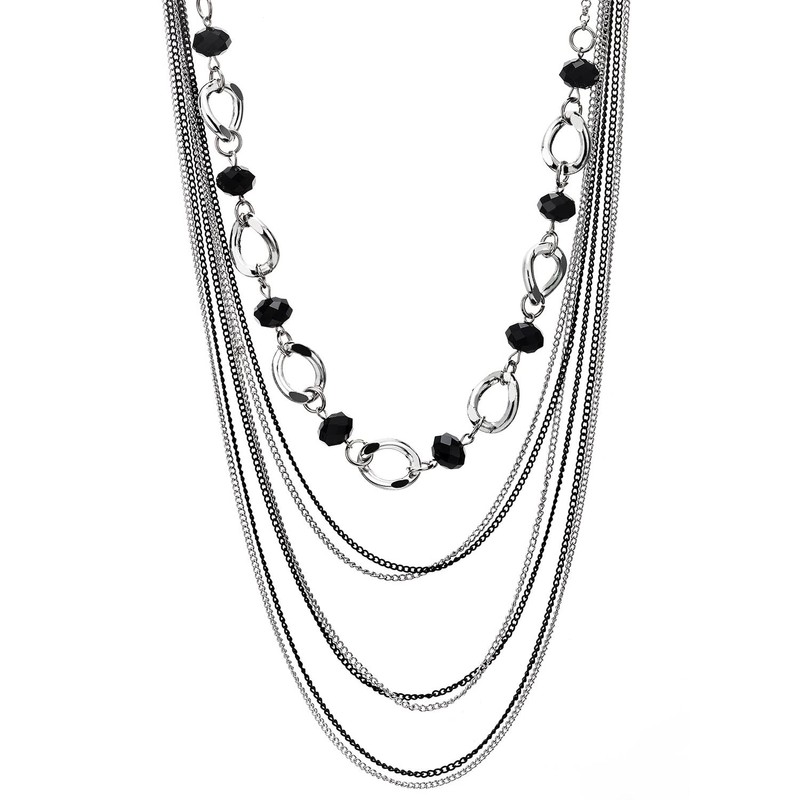 COOLSTEELANDBEYOND Silver Black Long Statement Necklace, Layered Waterfall Chains with
