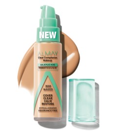 Almay Clear Complexion Acne Foundation Makeup with Salicylic Acid - Lightweight, Medium Coverage, Hypoallergenic, Fragrance-Free, for Sensitive Skin, 300 Naked, 1 fl oz.