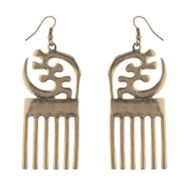 Antique Embedded Nefertiti, Ankh Cross and Wings Design and Adinkra Dangle Earrings (Antique Goldtone Adinkra)