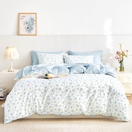 Wake In Cloud - Floral Comforter Set with Sheets, Coquette Cottagecore Aesthetic Flower Shabby Chic Pattern for Women Teen Girls, 7 Pieces Bed in a Bag, White Blue, Queen Size