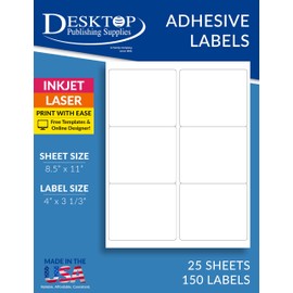 White Removable Labels - Shipping Label Size 4" x 3 1/3" - 6 per Sheet - for Inkjet/Laser Printers - 25 Sheets / 150 Labels