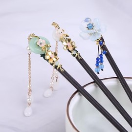 Green Japanese Chinese Hair Sticks Pearl Retro Wooden Hairpin Flower Hair Chopsticks Vintage Hanfu Pins Headdress Classic Hair Fork for Long Hair Women，Hair Accessories，Hair Pins