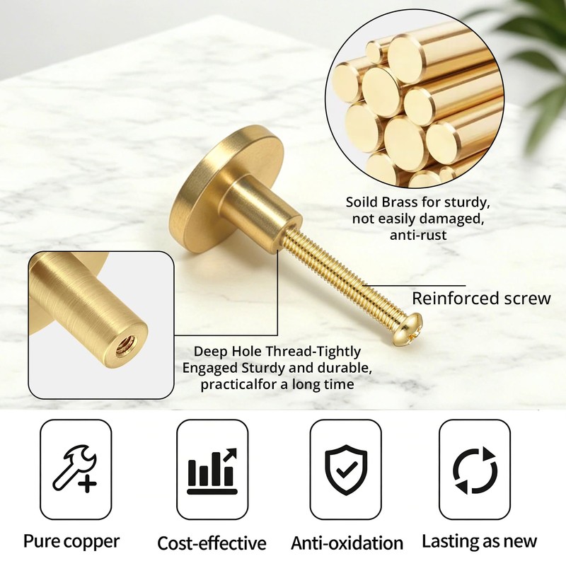 4 Pack Brushed Brass Solid Knobs Gold Kitchen Cabinet Pull