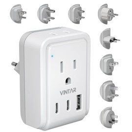 VINTAR Universal Travel Adapter Kit, International Power Adapter with 3 USB Ports(2 USB C) and 2 AC, Type A,B,C,D,E/F,G,I,M Detachable Attachments, Adapter for India/South Africa/Europe/UK