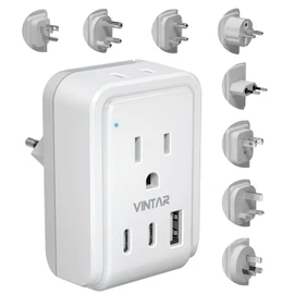 VINTAR Universal Travel Adapter Kit, International Power Adapter with 3 USB Ports(2 USB C) and 2 AC, Type A,B,C,D,E/F,G,I,M Detachable Attachments, Adapter for India/South Africa/Europe/UK