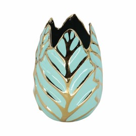 8" Ceramic Leaf Vase - Creative Decorative Vase in Light Teal with Gold Accent - Home or Office Table Decor for Floral Arrangements
