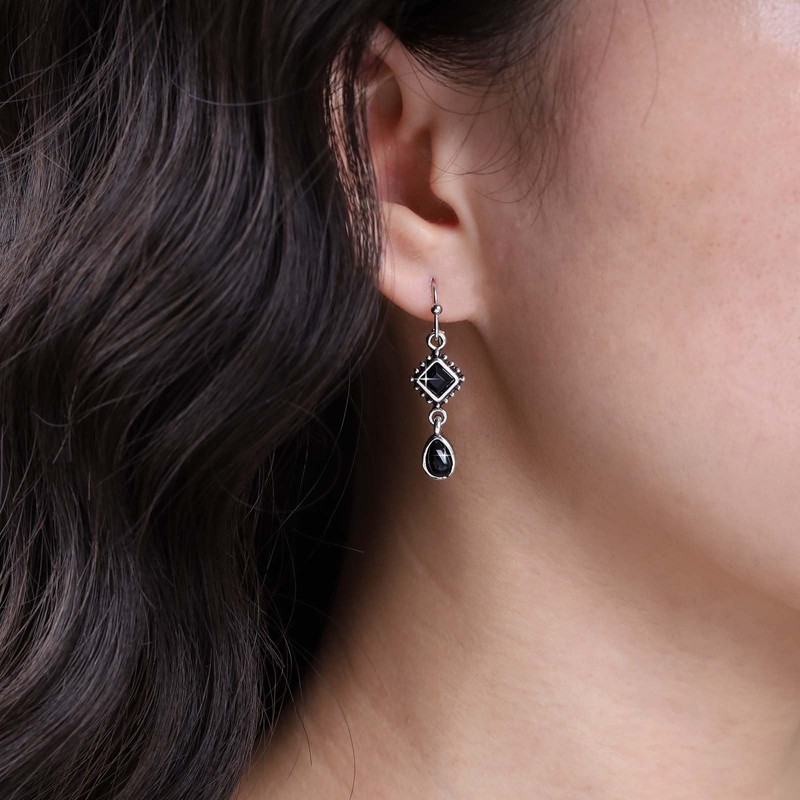 Erimberate Bohemian Teardrop Onyx Dangle Earrings Silver Square Onyx Drop