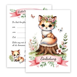 10 x Children's Invitation Cards Invitation Children's Birthday Fox Party Forest Animals Watercolour Girls Boys Birthday Party Delicate Pink Birthday First Day at School