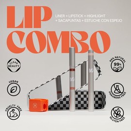 Kit de Maquillaje - Lip Combo 5 en 1 Labial - Delineador - Iluminador - Sacapuntas - Espejo para Maquillaje Makeup Vegano - Belleza Cruelty Free Make Up Variedad de Tonos