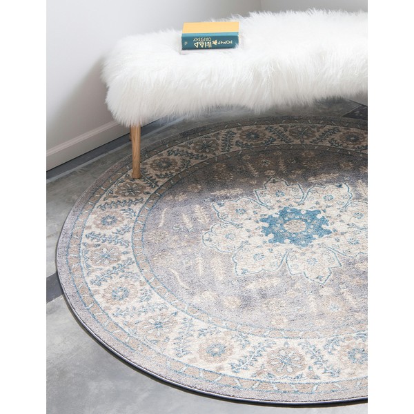 Unique Loom Salzburg Collection Classic Traditional Design Oriental Inspired Border Area Rug, 8 ft Round, Gray/Beige