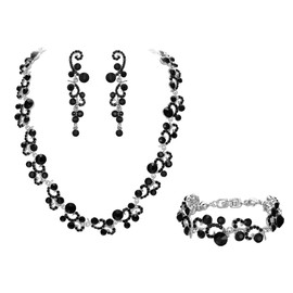 EVER FAITH Women's Crystal Elegant Bridal Flower Wave Necklace Earrings Bracelet Set Black Silver-Tone