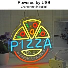 JULHOVR Pizza Neon Sign, Neon Lights Hanging Wall Art Decoration for Restaturant Shop Bar Market Bakeries Café Celebration Home Decor, USB Powered Ultra Bright Dimmable,12.6×12.6inches