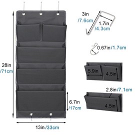 5 Pockets Over the Door Organizer and Storage Hanging with Hooks, Wall Mount Office Supplies File Folders Document Holder for Notebooks, Paper,Supplies, Closets, Families, Filing (Gray)