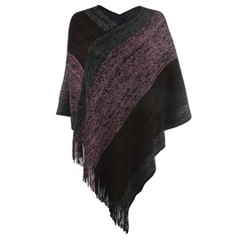 Women's Elegant Knitted Shawl Poncho with Fringed V-Neck Striped Sweater Pullover Cape Gifts for Women Mom