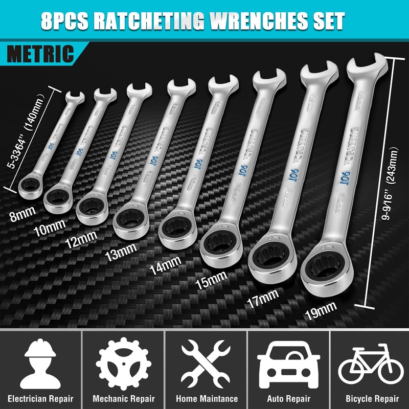 DURATECH 90-Tooth Ratcheting Wrench Set, Combination Wrench Set, 8-Piece, Metric,