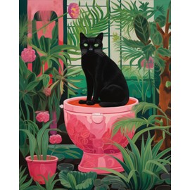 Black Cat Sit on Toilet Oil Painting Paint by Number Kits 16 x 20 inch Canvas Abstract Botanical Pink Green DIY Painting for Kids Students Adults Beginner with Brushes Acrylic Pigment(without Frame)