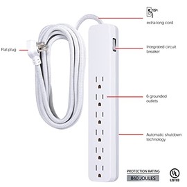 GE 62937 - Protector de sobretensiones de 6 Tomas, Cable de extensión Trenzado de 15 pies, Tira de alimentación, 840 Julios, Enchufe Plano, listado ETL, Color Blanco