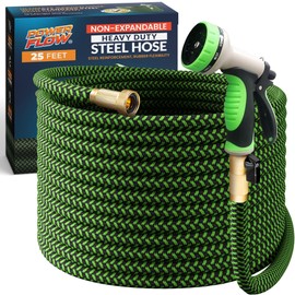 PowerFlow Garden Hose, NON-EXPANDABLE 25 Feet Premium Quality Stainless Steel Metal Water Hose with Durable Fabric Skin, Hose For Commercial, Residential Use, Bonus 10-way Spray Nozzle (25 Ft, Green)