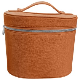 Vanity Case Travel Makeup Bag with Handle, Brown PU Leather Round Organizer, Waterproof Zippered Cosmetic Storage, Detachable Dividers, Holds Bottles for Toiletries and Skincare