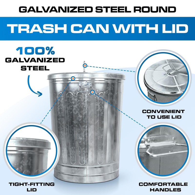Plexon Metal Trash Can with Lid Outdoor 31 Gallon Galvanized