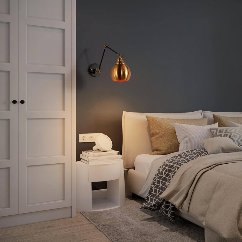 GEPOW Black Gold Swing Arm Wall Sconce, Modern Plug-in or