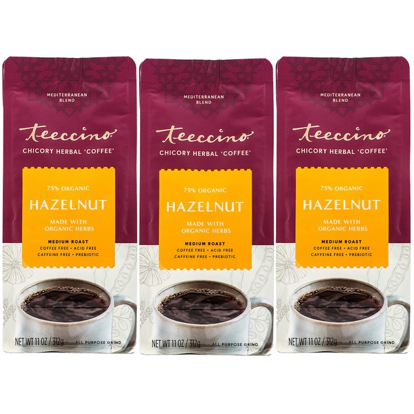 Teeccino Hazelnut Chicory Coffee Alternative - Ground Herbal Coffee That’s Prebiotic, Caffeine Free & Acid Free, Medium Roast, 11 Ounce (Pack of 3)