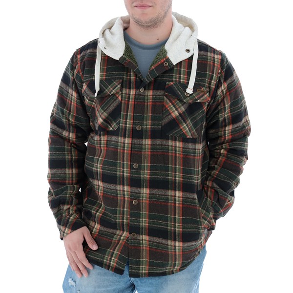 Legendary Whitetails Men's Standard Camp Night Berber Lined Hooded Flannel Shirt Jacket, Stout Plaid, Small