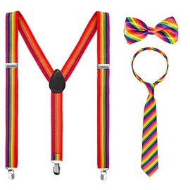 3 Piece Rainbow Gay Pride Costume Set Include Suspenders, Bowtie and Necktie, Adjustable X Back Elastic Suspenders Unisex Rainbow Party Accessory