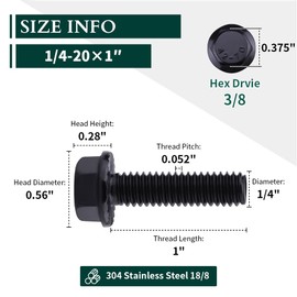 20-Sets 1/4-20 x 1-1/4" Hex Flange Bolts & Flange Nuts Combo Kit with Flat and Lock Washers- 304 Stainless Steel 18/8, Black Coated, for Heavy Duty Applications